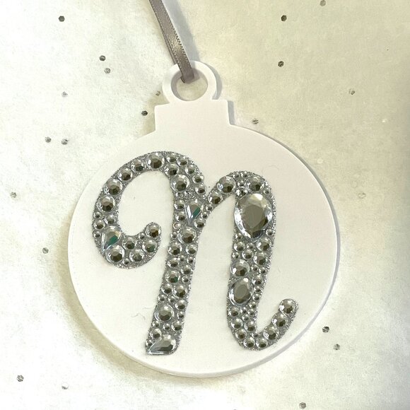 Initial N Rhinestone White Christmas Ornament-New! - Picture 2 of 3